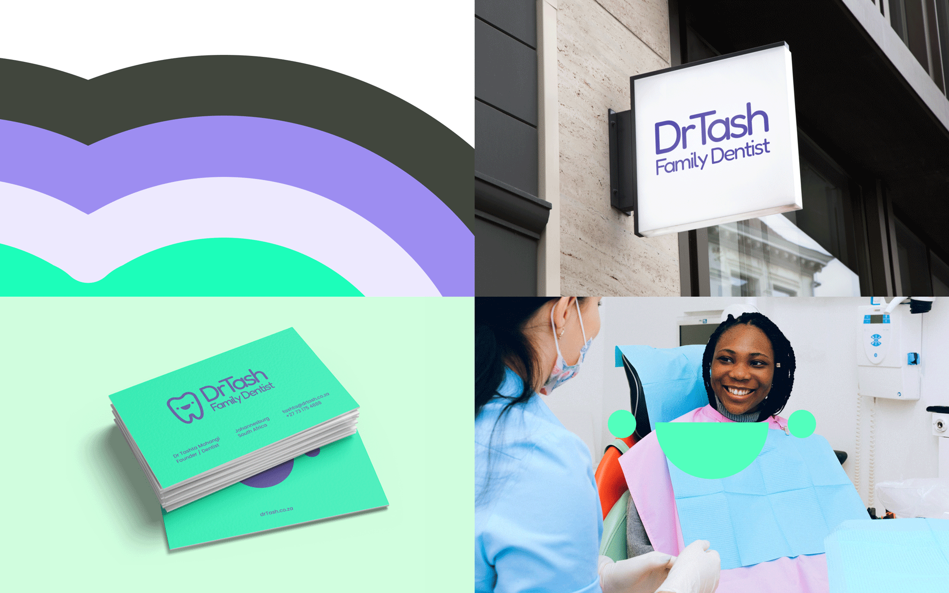 Split image: 1st Quad: Brand colours for Dr Tash, 2nd Quad: Business Card Designs, 3rd Quad Outdoor Signage 4th Quad: Brand image with smile symbol overlayed designed by Can O' Baked Beans 2022